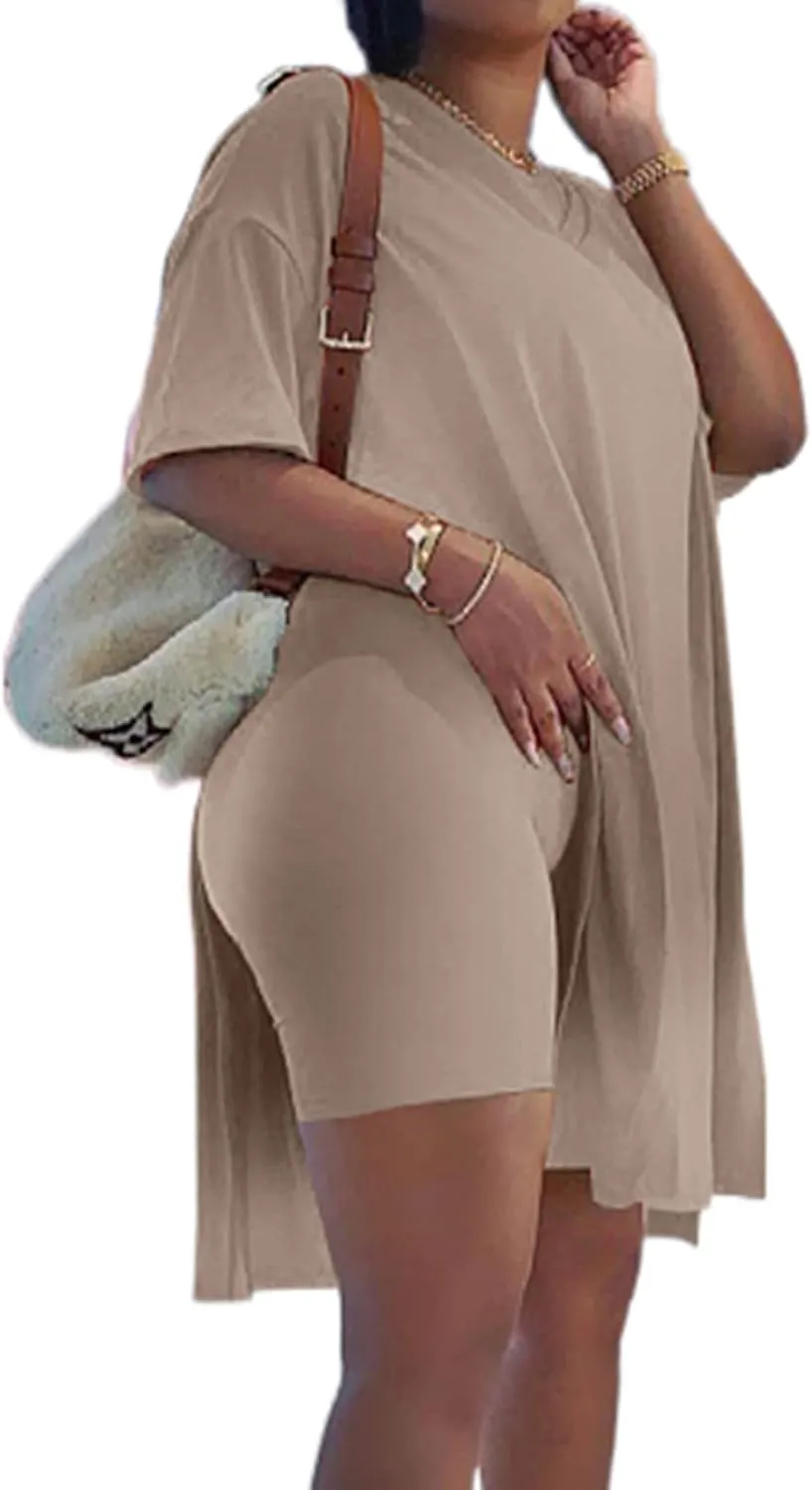 Difanlv Plus Size Womens 2 Piece Outfits Tracksuits Short Sleeve Tunic Tops Bodycon Shorts Sweatsuit Sets
