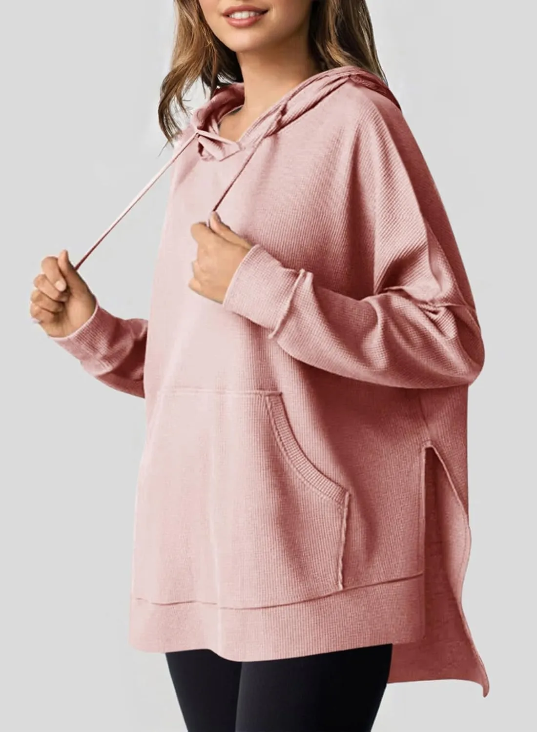 Dokotoo Oversized Hoodies for Women Casual Long Sleeve Waffle Knit Drawstring Side Slit Pullover Sweatshirts with Pocket