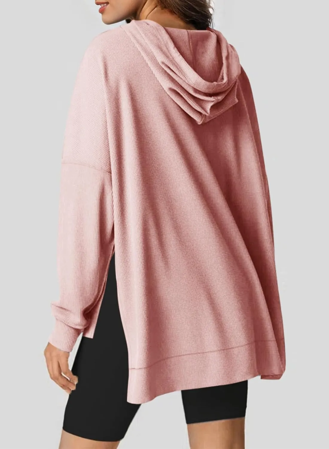 Dokotoo Oversized Hoodies for Women Casual Long Sleeve Waffle Knit Drawstring Side Slit Pullover Sweatshirts with Pocket