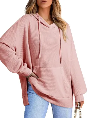 Dokotoo Oversized Hoodies for Women Casual Long Sleeve Waffle Knit Drawstring Side Slit Pullover Sweatshirts with Pocket