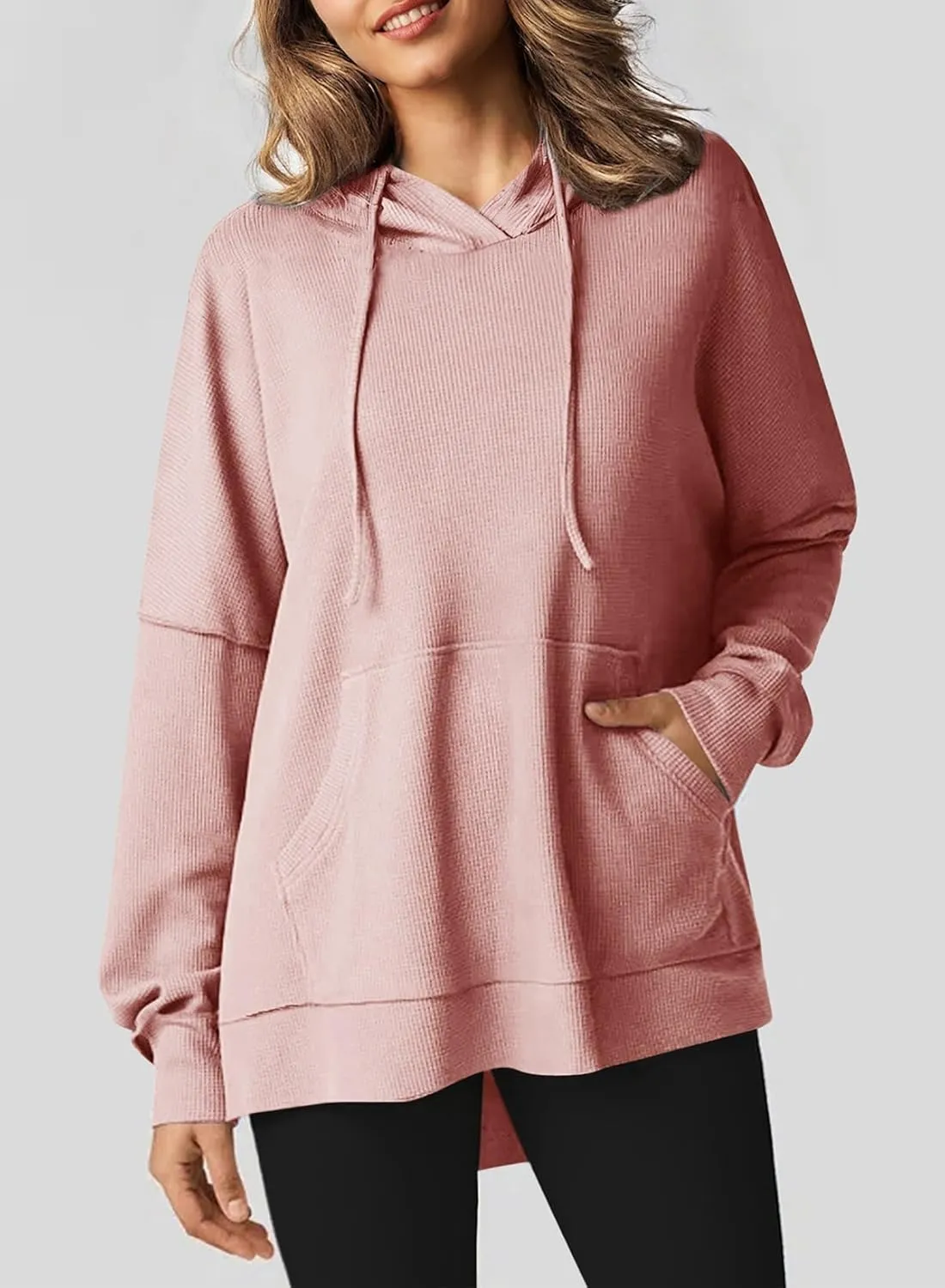 Dokotoo Oversized Hoodies for Women Casual Long Sleeve Waffle Knit Drawstring Side Slit Pullover Sweatshirts with Pocket