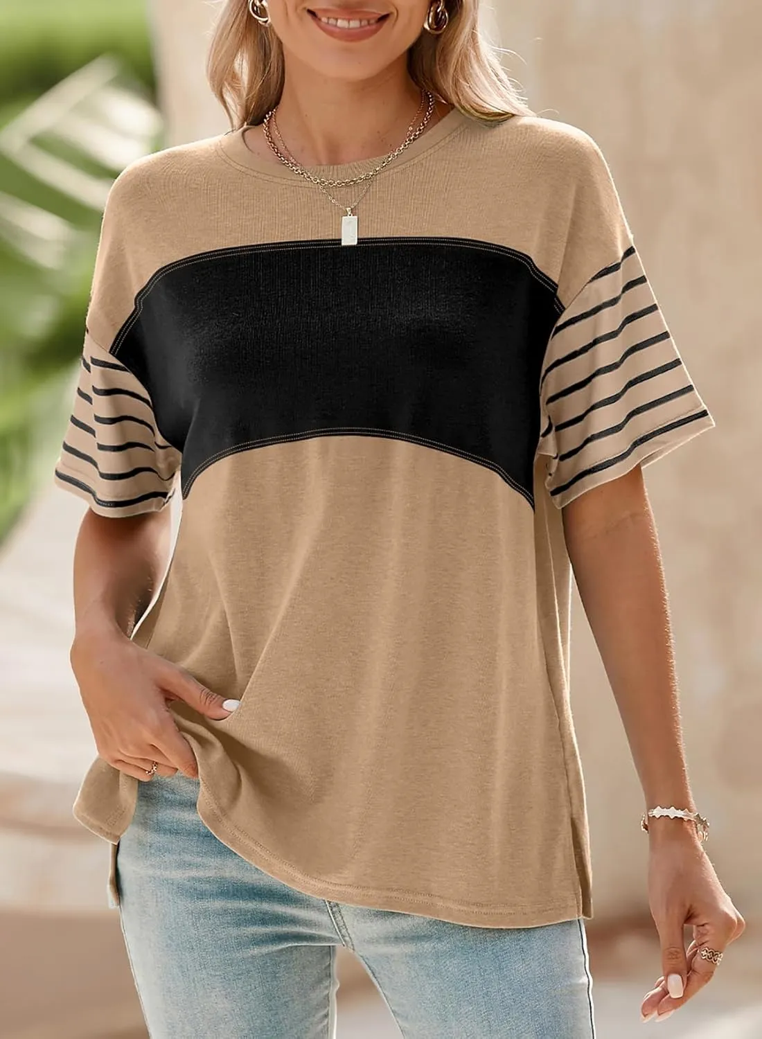 Dokotoo Summer Tops Trendy Oversized 2025 Crewneck Casual Color Block Striped Womens Shirts Blouses