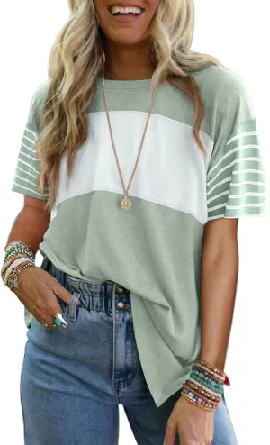 Dokotoo Summer Tops Trendy Oversized 2025 Crewneck Casual Color Block Striped Womens Shirts Blouses