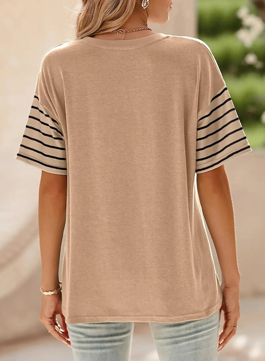 Dokotoo Summer Tops Trendy Oversized 2025 Crewneck Casual Color Block Striped Womens Shirts Blouses