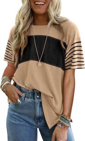 Dokotoo Summer Tops Trendy Oversized 2025 Crewneck Casual Color Block Striped Womens Shirts Blouses