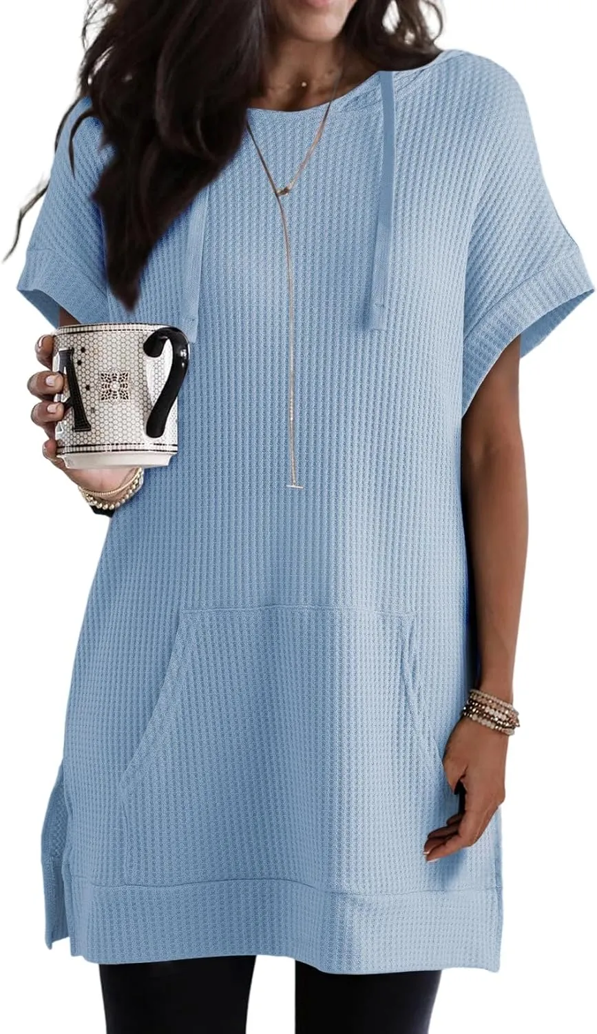 Dokotoo Womens Summer Oversized Shirts 2025 Short Sleeve Drawstring Hoodies Waffle Knit Side Slit Tunic Tops with Pocket