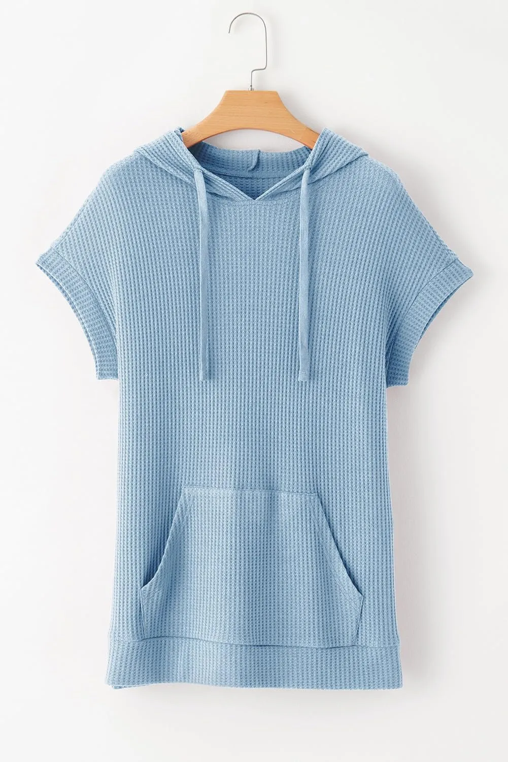 Dokotoo Womens Summer Oversized Shirts 2025 Short Sleeve Drawstring Hoodies Waffle Knit Side Slit Tunic Tops with Pocket