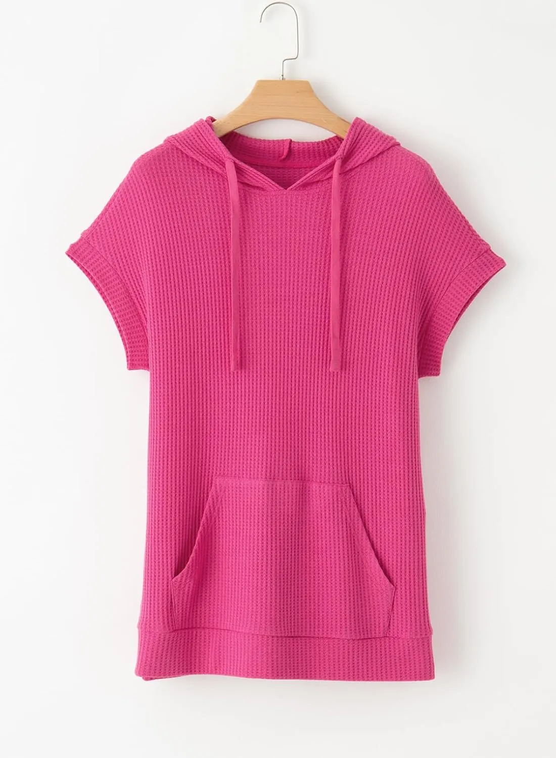 Dokotoo Womens Summer Oversized Shirts 2025 Short Sleeve Drawstring Hoodies Waffle Knit Side Slit Tunic Tops with Pocket