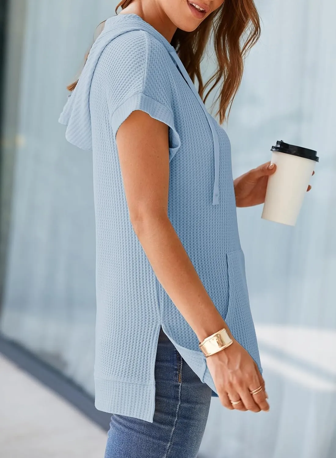 Dokotoo Womens Summer Oversized Shirts 2025 Short Sleeve Drawstring Hoodies Waffle Knit Side Slit Tunic Tops with Pocket