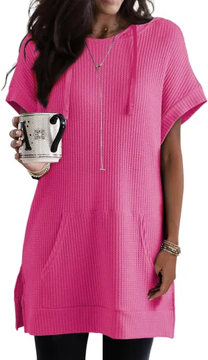 Dokotoo Womens Summer Oversized Shirts 2025 Short Sleeve Drawstring Hoodies Waffle Knit Side Slit Tunic Tops with Pocket
