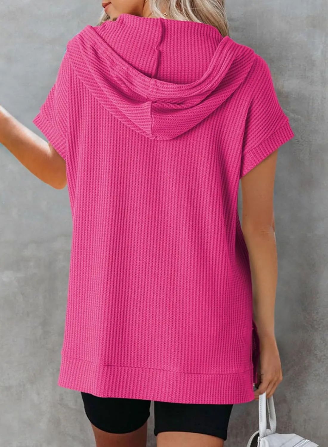 Dokotoo Womens Summer Oversized Shirts 2025 Short Sleeve Drawstring Hoodies Waffle Knit Side Slit Tunic Tops with Pocket