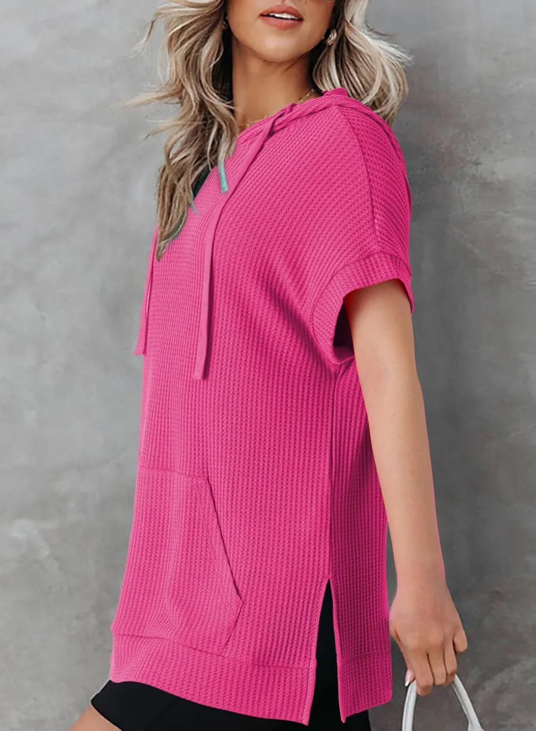 Dokotoo Womens Summer Oversized Shirts 2025 Short Sleeve Drawstring Hoodies Waffle Knit Side Slit Tunic Tops with Pocket