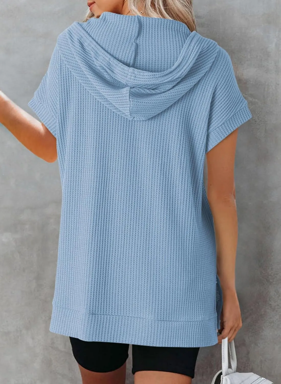 Dokotoo Womens Summer Oversized Shirts 2025 Short Sleeve Drawstring Hoodies Waffle Knit Side Slit Tunic Tops with Pocket
