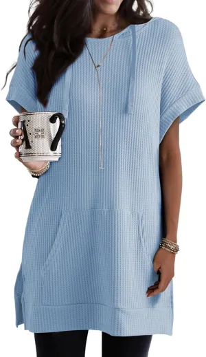 Dokotoo Womens Summer Oversized Shirts 2025 Short Sleeve Drawstring Hoodies Waffle Knit Side Slit Tunic Tops with Pocket