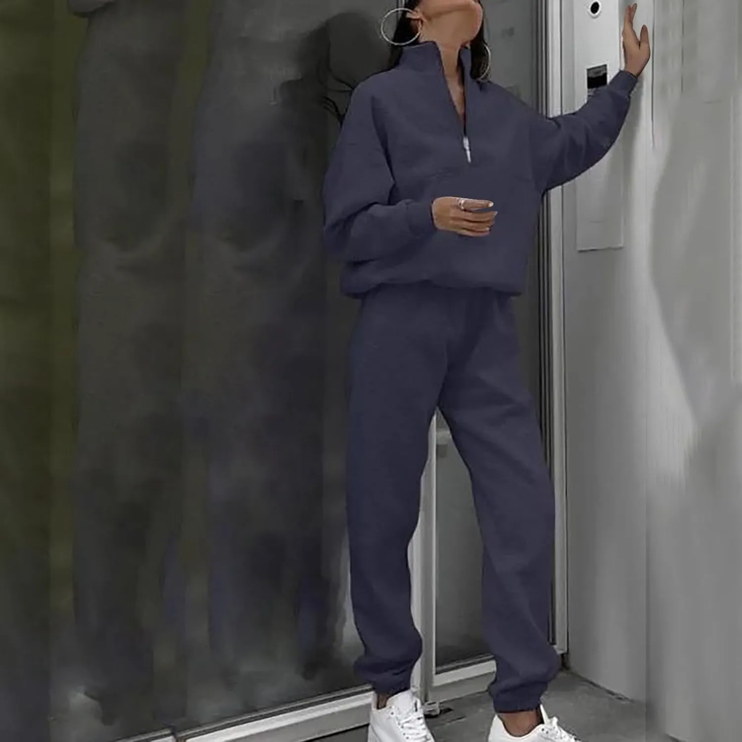 DOLKFU Women 2 Piece Outfits 1/2 Zipper Collared Hoodies High Waist Pants with Pockets Lounge Sets Loose Sweatsuit