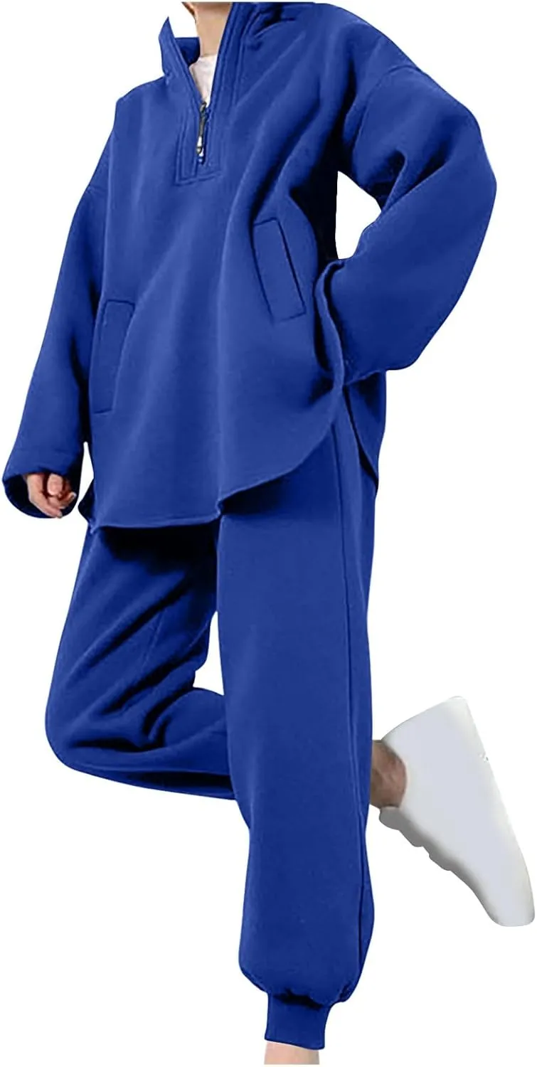DOLKFU Womens 2 Piece Outfits Half Zip Oversized Pullover Sweatsuit with Pockets High Waist Sweatpants Tacksuit