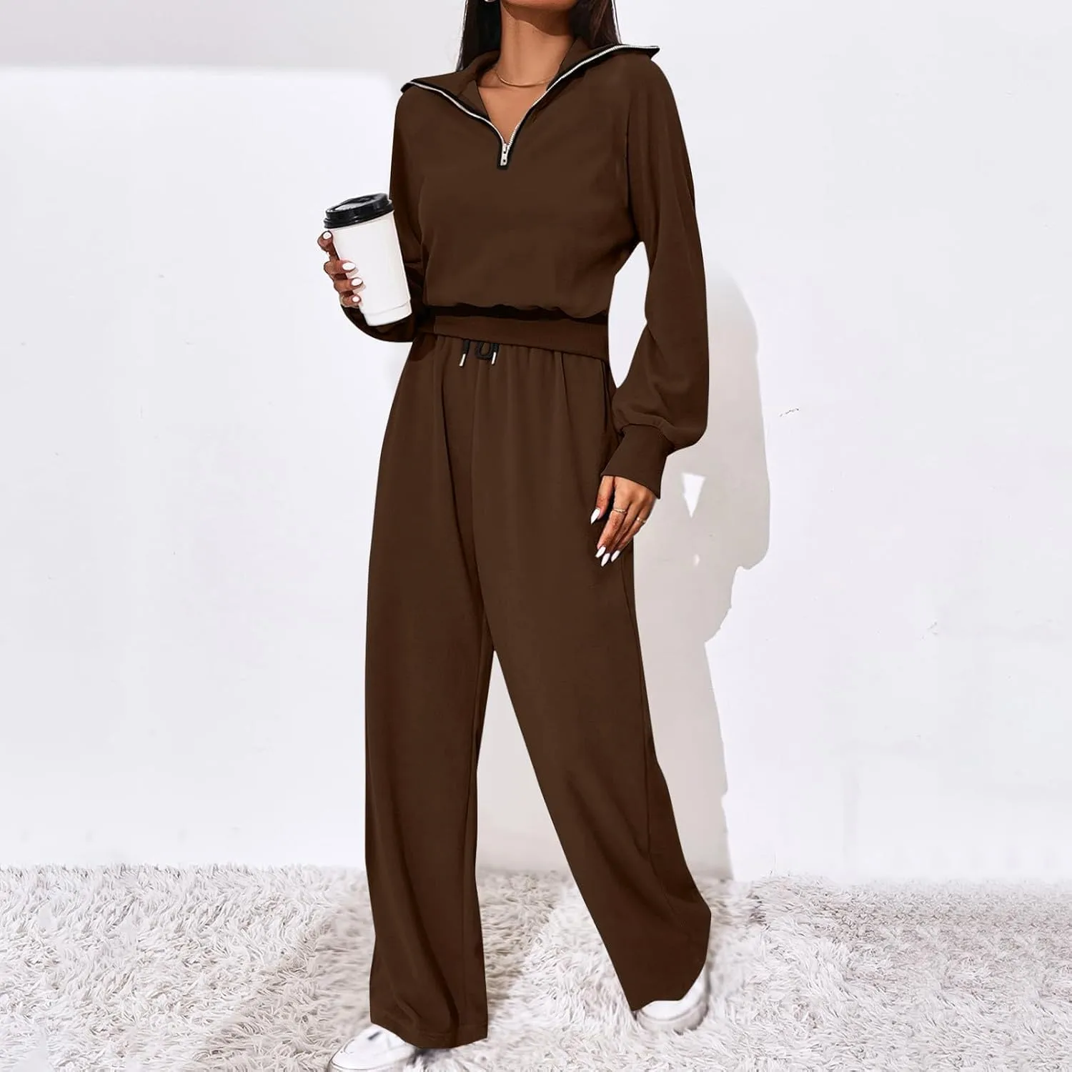 DOLKFU Womens Half Zip Long Sleeve Casual Hoodies Tracksuit Wide Leg Loose Jogger Pant Fall Fashion 2 Piece Outfits