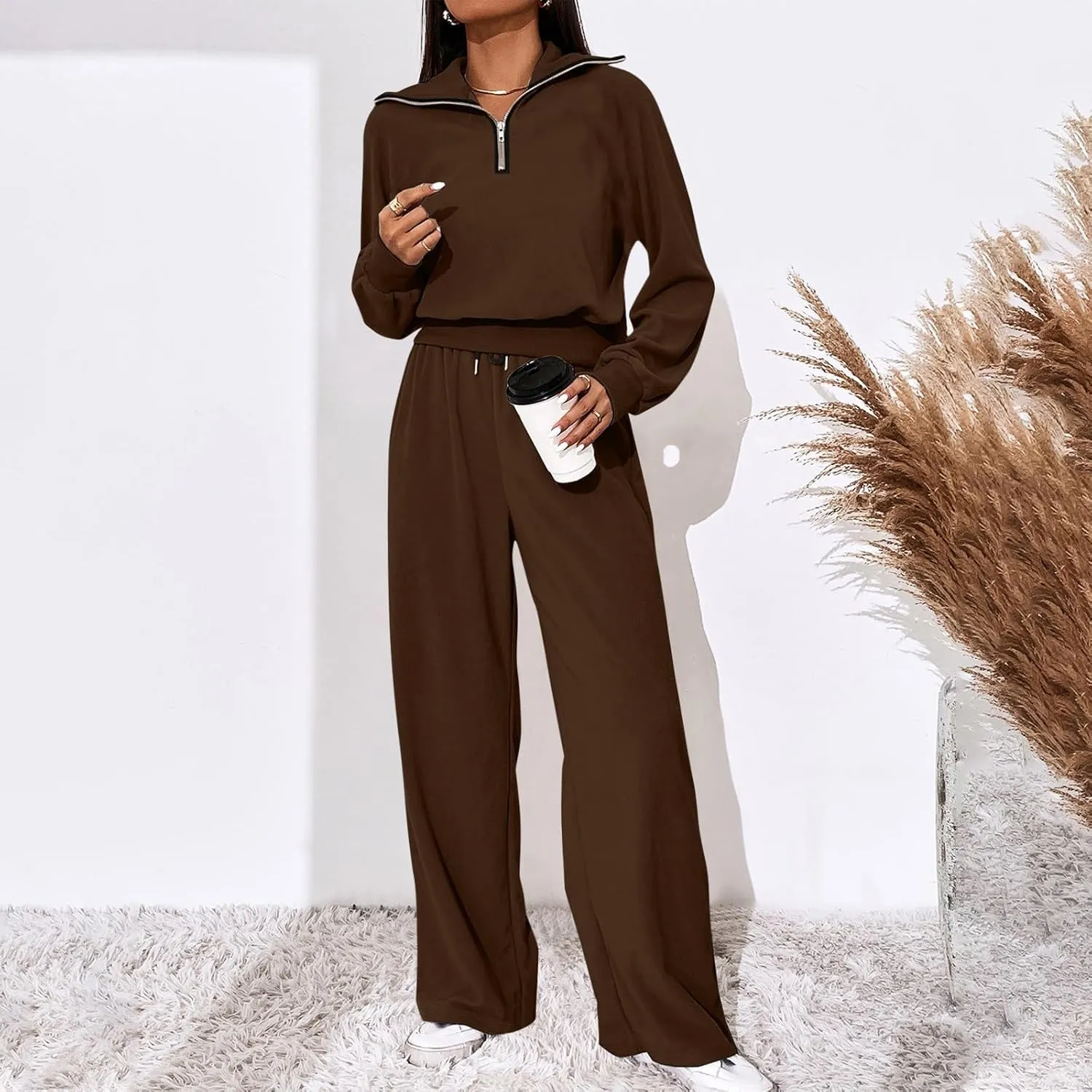 DOLKFU Womens Half Zip Long Sleeve Casual Hoodies Tracksuit Wide Leg Loose Jogger Pant Fall Fashion 2 Piece Outfits