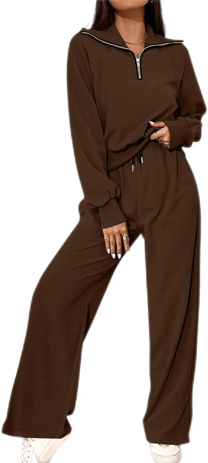 DOLKFU Womens Half Zip Long Sleeve Casual Hoodies Tracksuit Wide Leg Loose Jogger Pant Fall Fashion 2 Piece Outfits