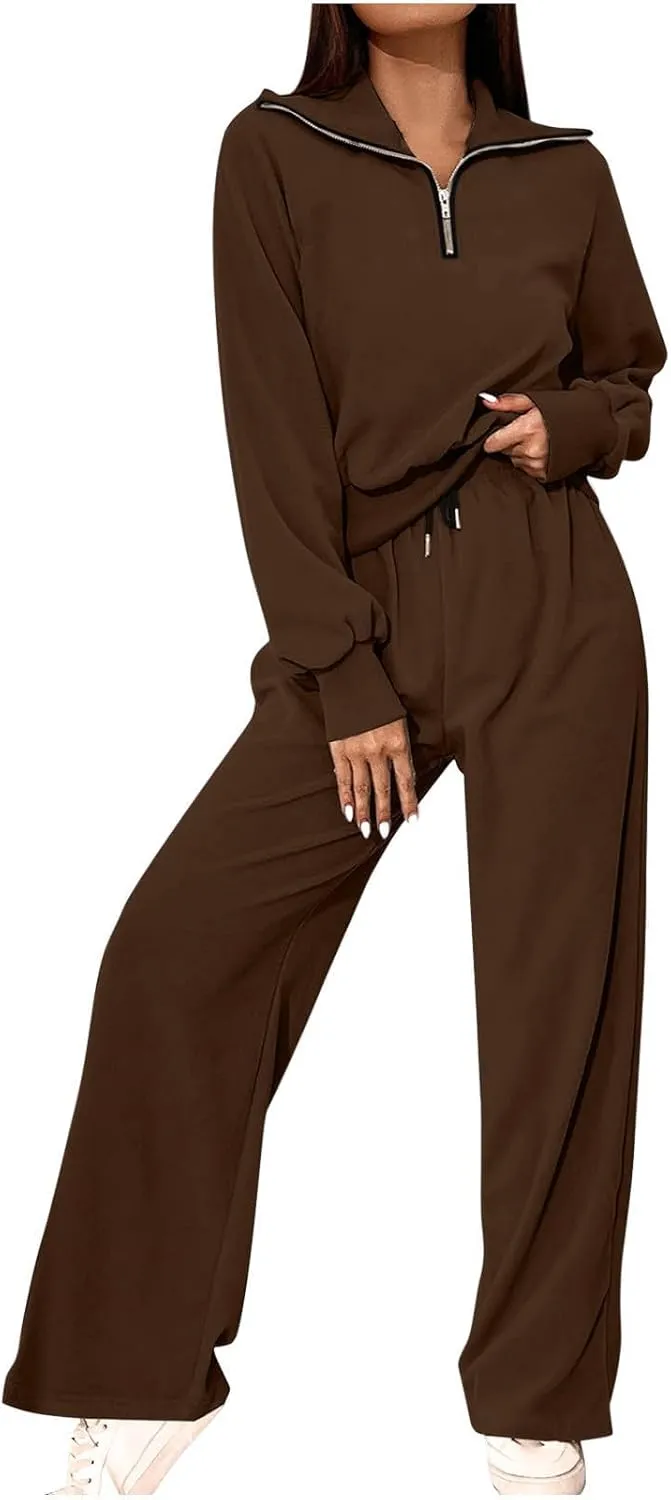 DOLKFU Womens Half Zip Long Sleeve Casual Hoodies Tracksuit Wide Leg Loose Jogger Pant Fall Fashion 2 Piece Outfits