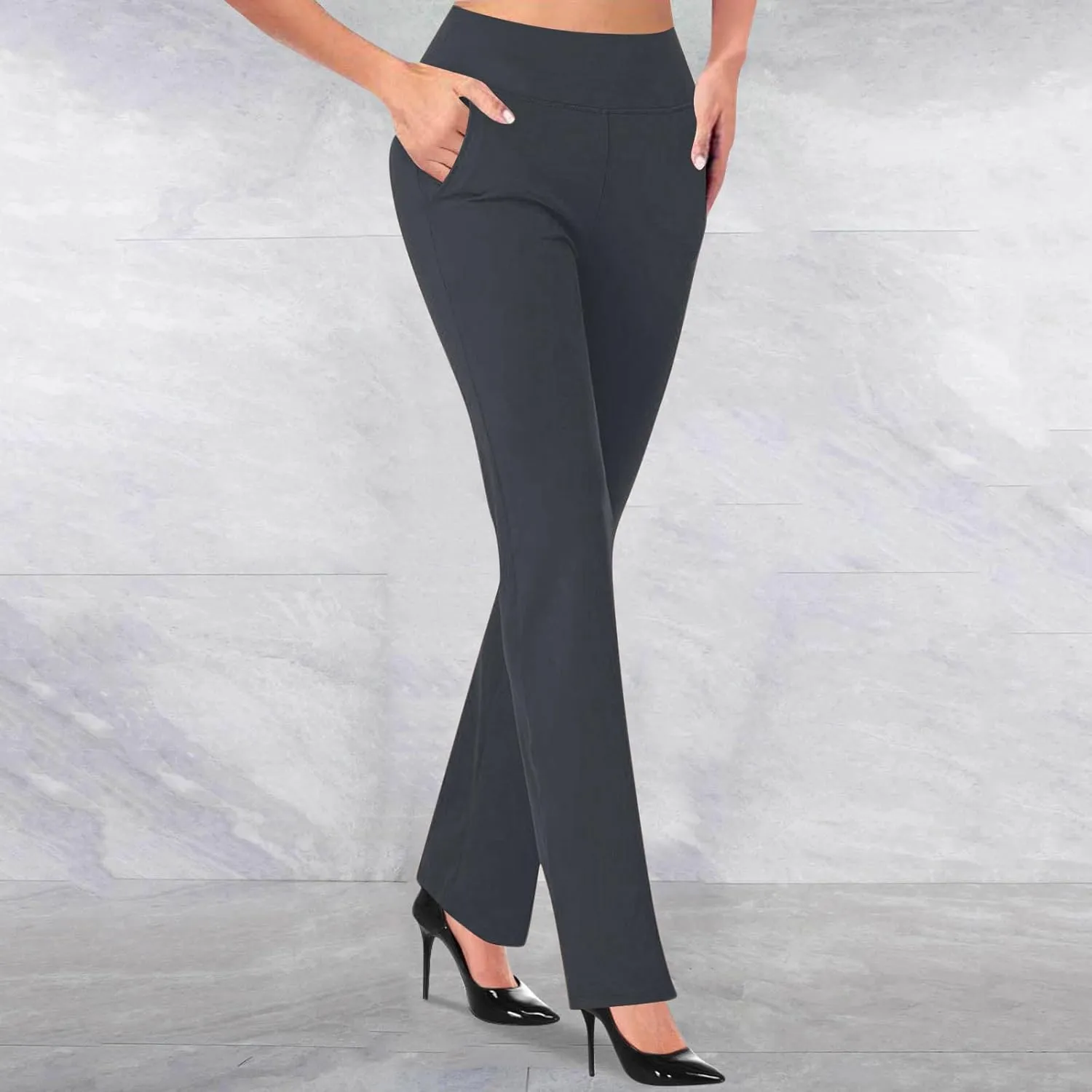 Dress Pants for Women Casual High Waisted Business Stretch Work Trouser Solid Elasticated Waist Bootcut Suit Pant with Pocket
