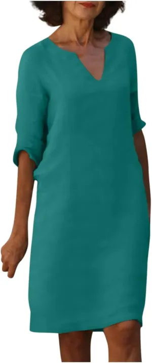 Dresses for Women Spring Cotton Linen V-Neck Floral Flare Midi Summer Dress Boho Floral Elegant Flowy Dresses