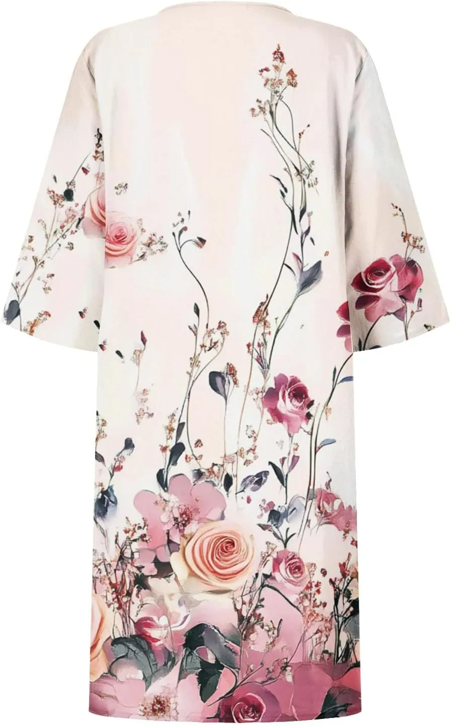 Dresses for Women Spring Cotton Linen V-Neck Floral Flare Midi Summer Dress Boho Floral Elegant Flowy Dresses