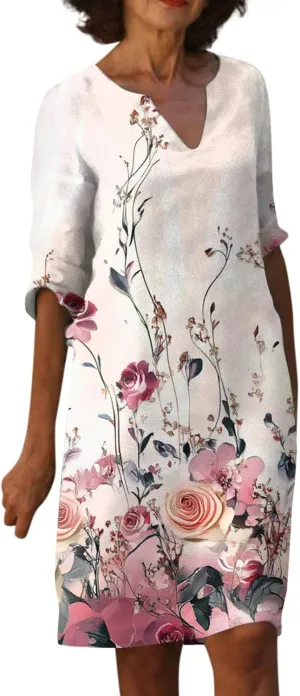 Dresses for Women Spring Cotton Linen V-Neck Floral Flare Midi Summer Dress Boho Floral Elegant Flowy Dresses