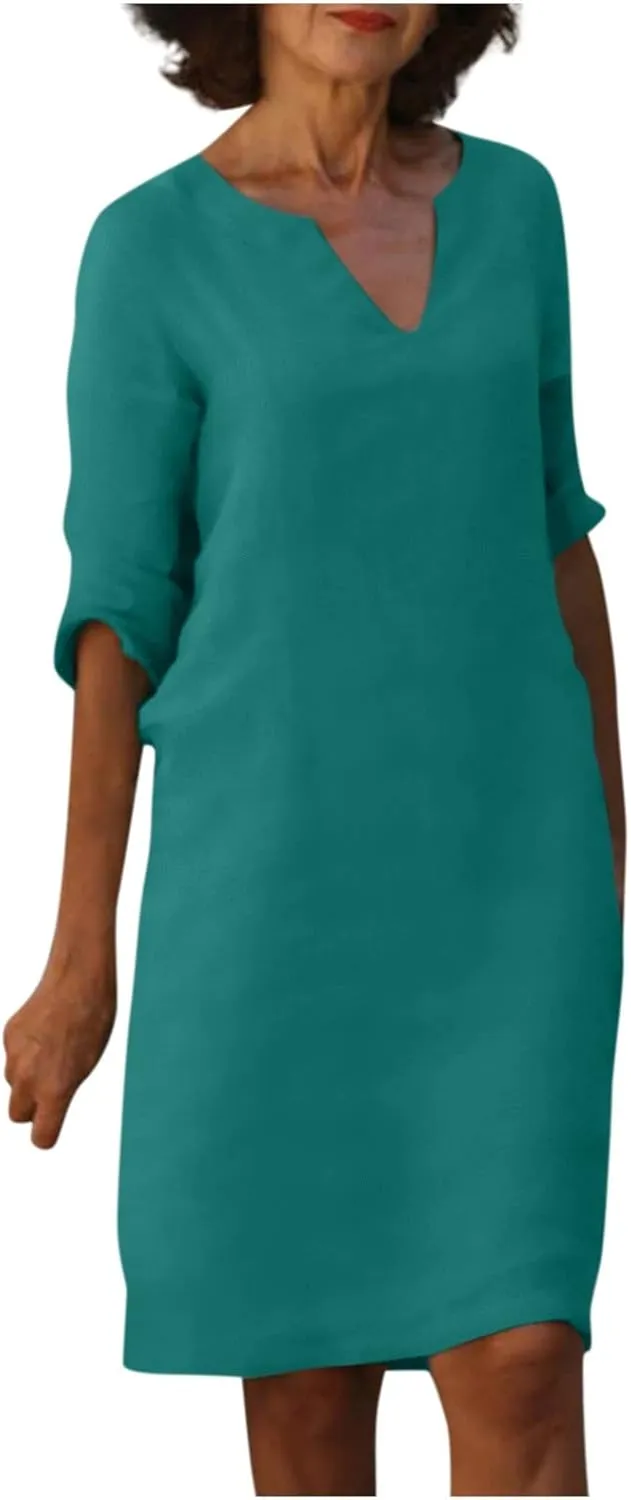 Dresses for Women Spring Cotton Linen V-Neck Floral Flare Midi Summer Dress Boho Floral Elegant Flowy Dresses