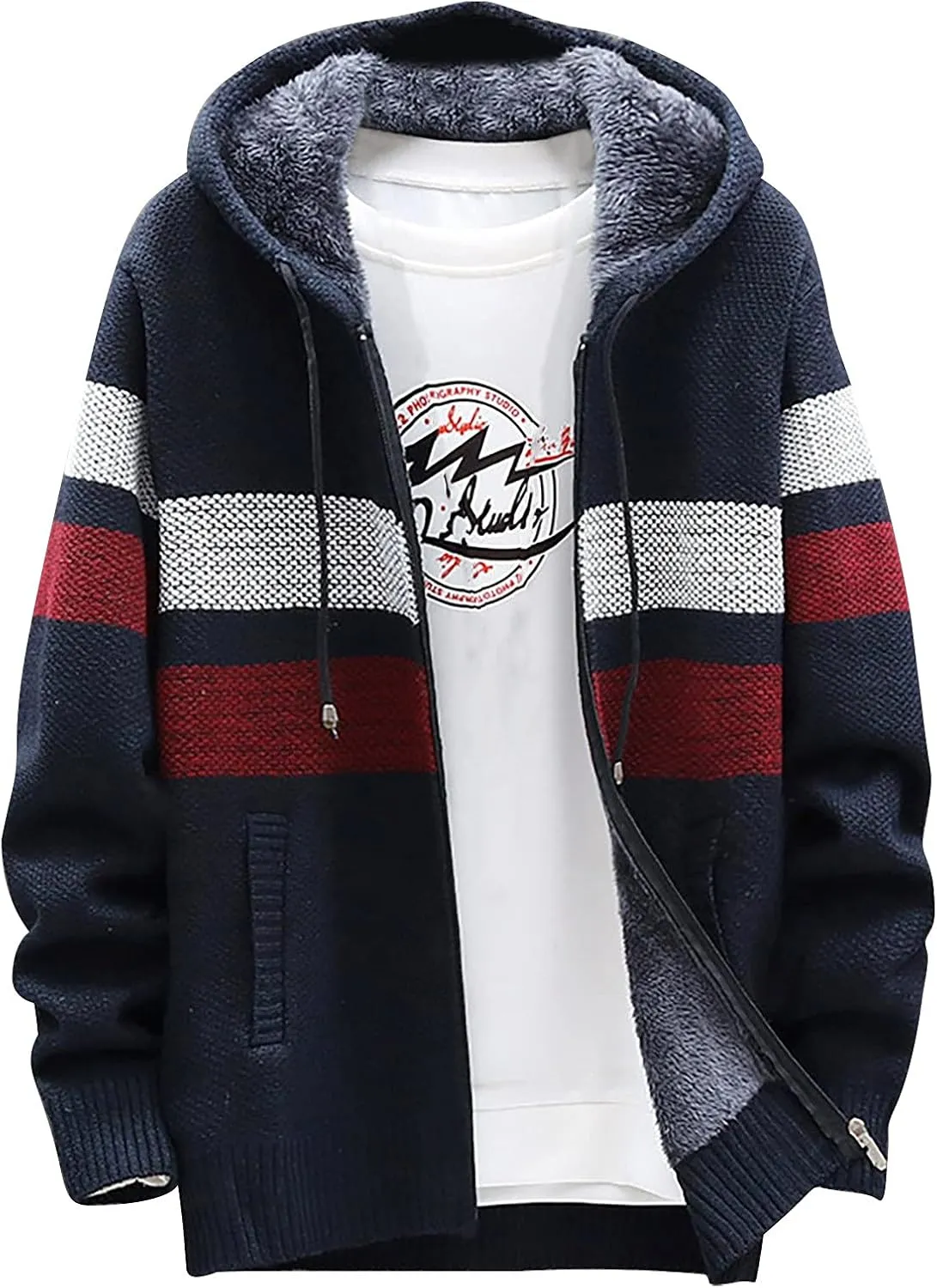DuDubaby Men Hoodies for Men Fall and Winter Casual Sweater Jacket Warm Knit Sweater Hooded Hoodie