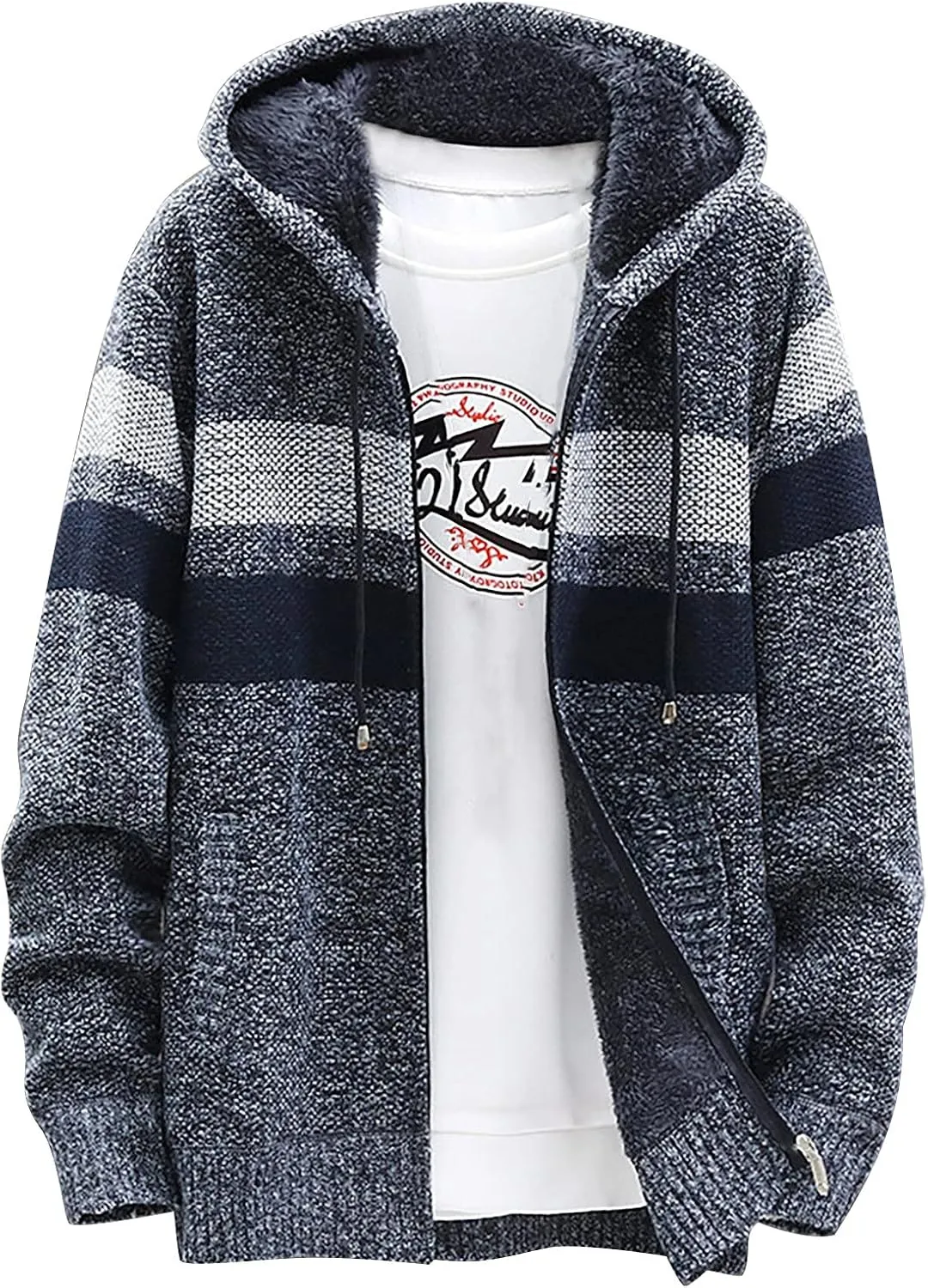 DuDubaby Men Hoodies for Men Fall and Winter Casual Sweater Jacket Warm Knit Sweater Hooded Hoodie
