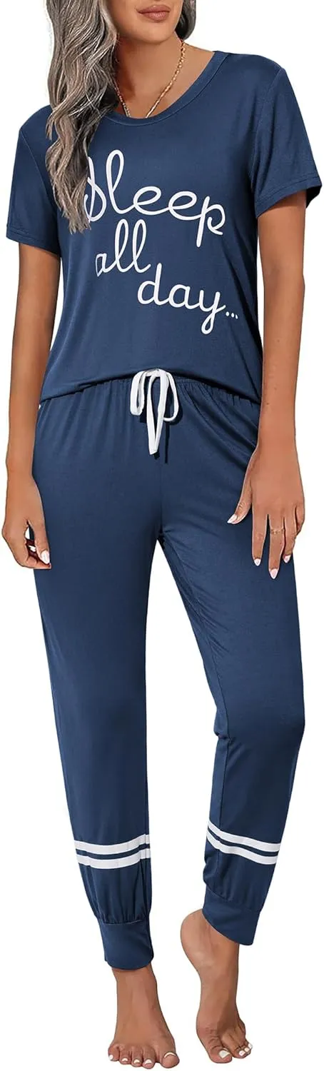 Ekouaer Womens Pajamas Set Short Sleeve Sleepwear Tops with Long Pants Pjs Set Print Nightwear