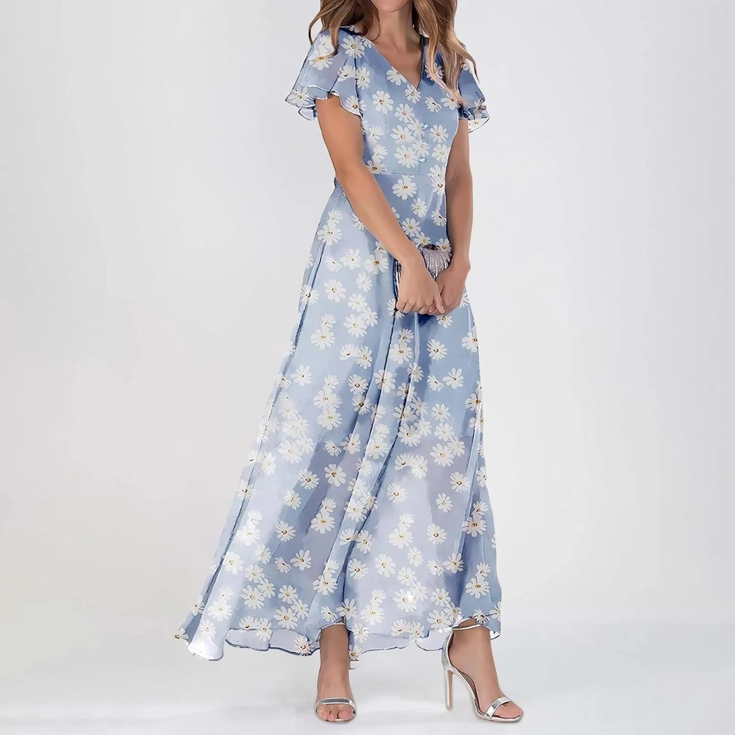 Elegant Dresses for Women 2024 Floral Print Ruffle Short Sleeve A-Line Dress Trendy V Neck High Waist Maxi Dress