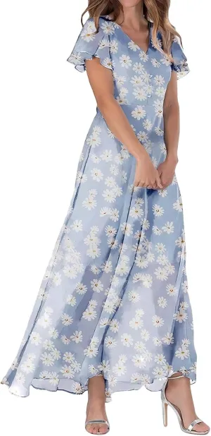 Elegant Dresses for Women 2024 Floral Print Ruffle Short Sleeve A-Line Dress Trendy V Neck High Waist Maxi Dress