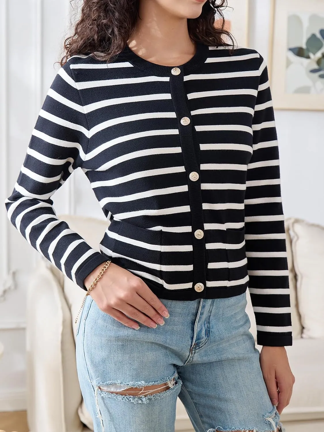 Elegant Striped Cardigan for Women, Button Down Sweaters for Women, Classic Striped Sweater Women in Soft Knit Fabric