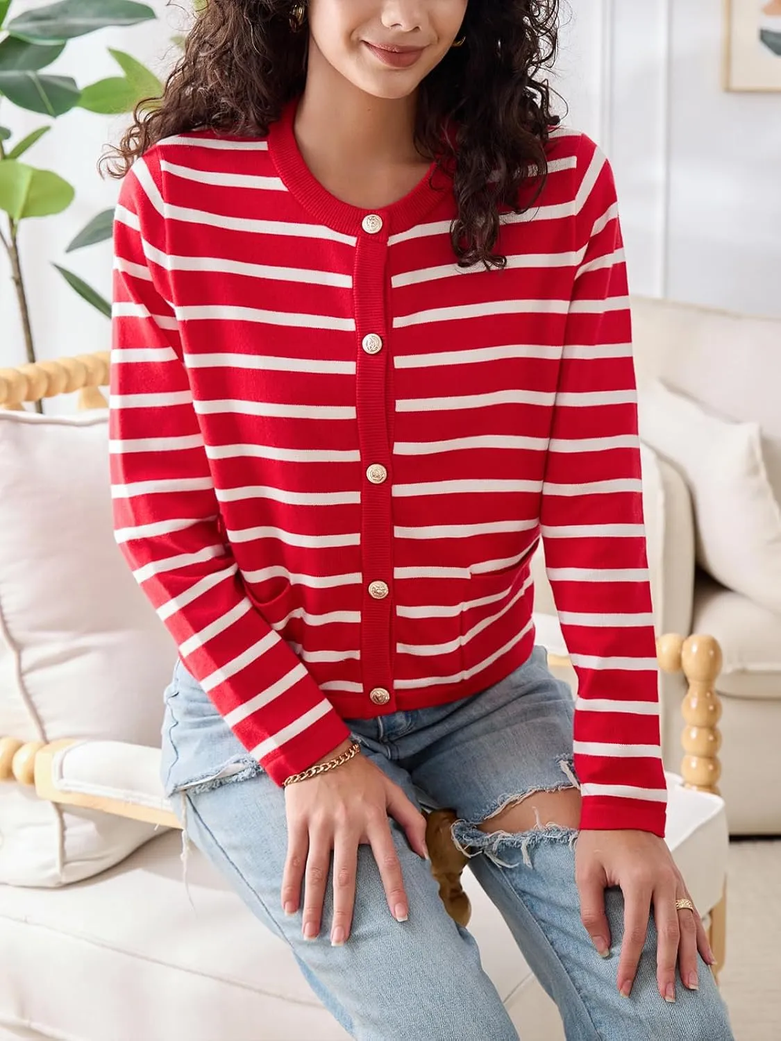 Elegant Striped Cardigan for Women, Button Down Sweaters for Women, Classic Striped Sweater Women in Soft Knit Fabric