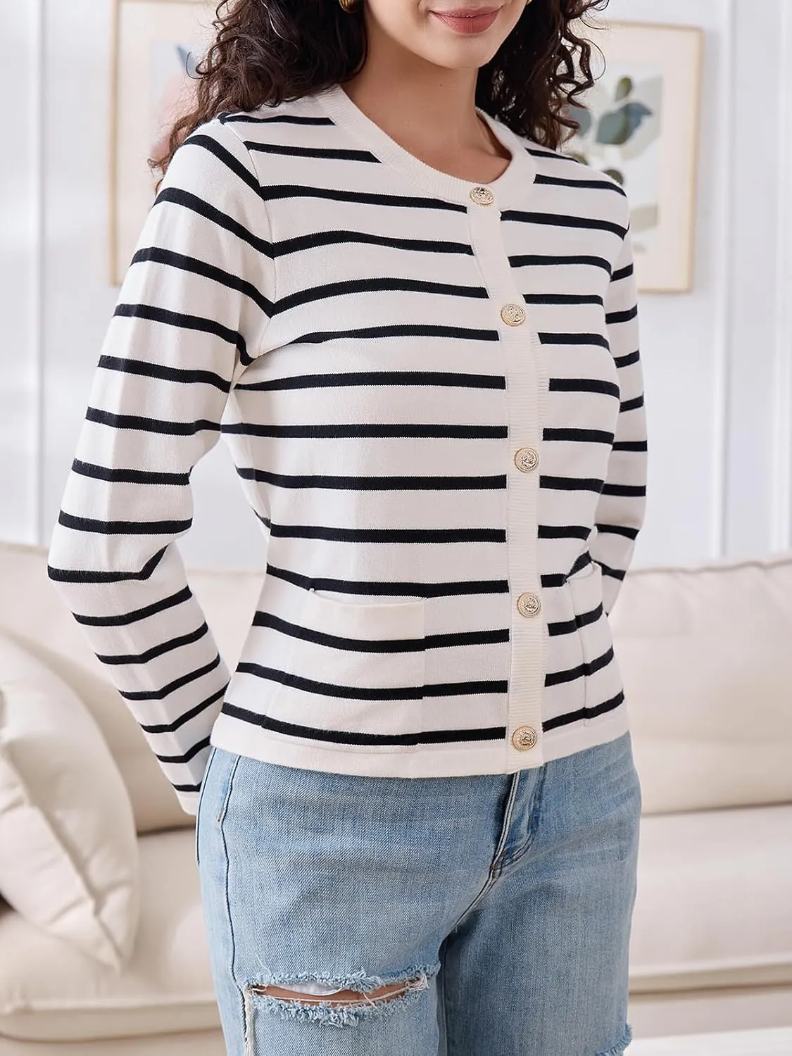 Elegant Striped Cardigan for Women, Button Down Sweaters for Women, Classic Striped Sweater Women in Soft Knit Fabric