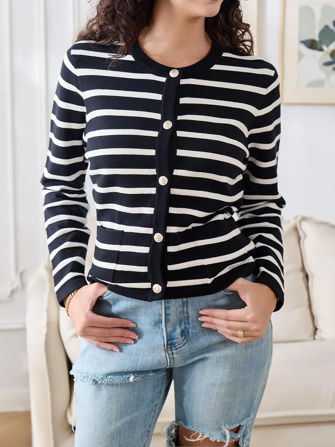 Elegant Striped Cardigan for Women, Button Down Sweaters for Women, Classic Striped Sweater Women in Soft Knit Fabric