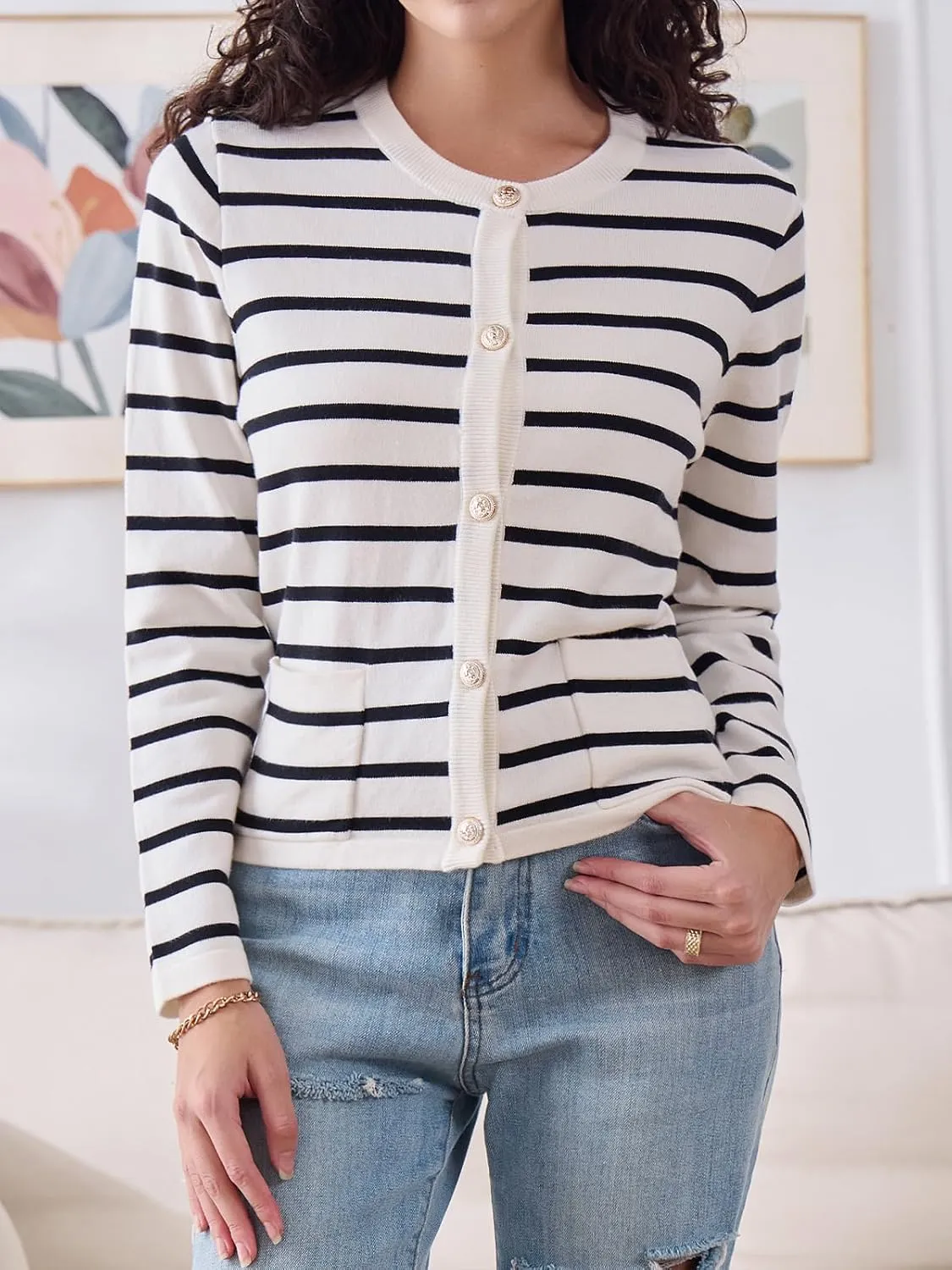 Elegant Striped Cardigan for Women, Button Down Sweaters for Women, Classic Striped Sweater Women in Soft Knit Fabric