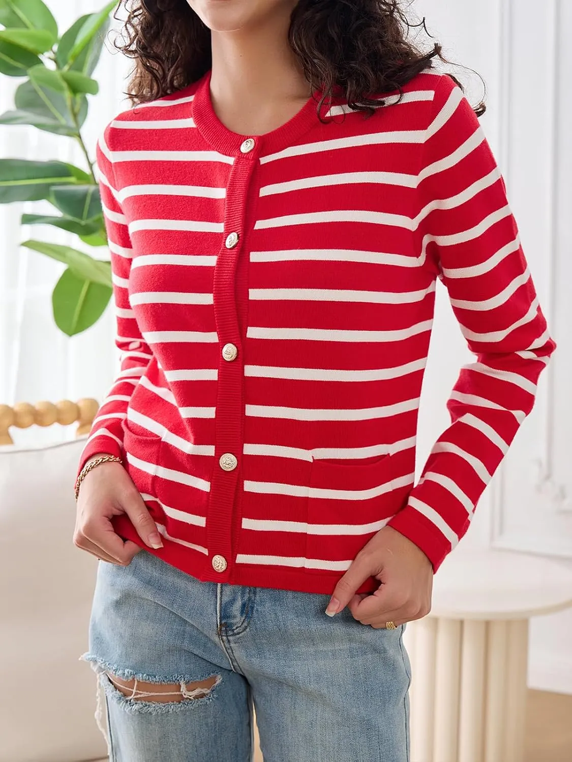 Elegant Striped Cardigan for Women, Button Down Sweaters for Women, Classic Striped Sweater Women in Soft Knit Fabric