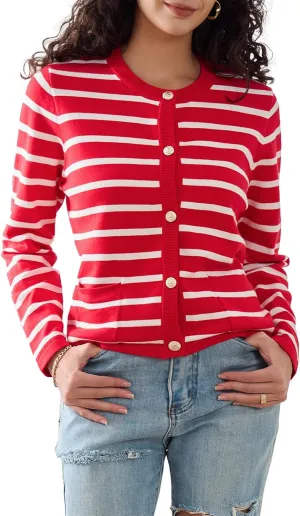 Elegant Striped Cardigan for Women, Button Down Sweaters for Women, Classic Striped Sweater Women in Soft Knit Fabric