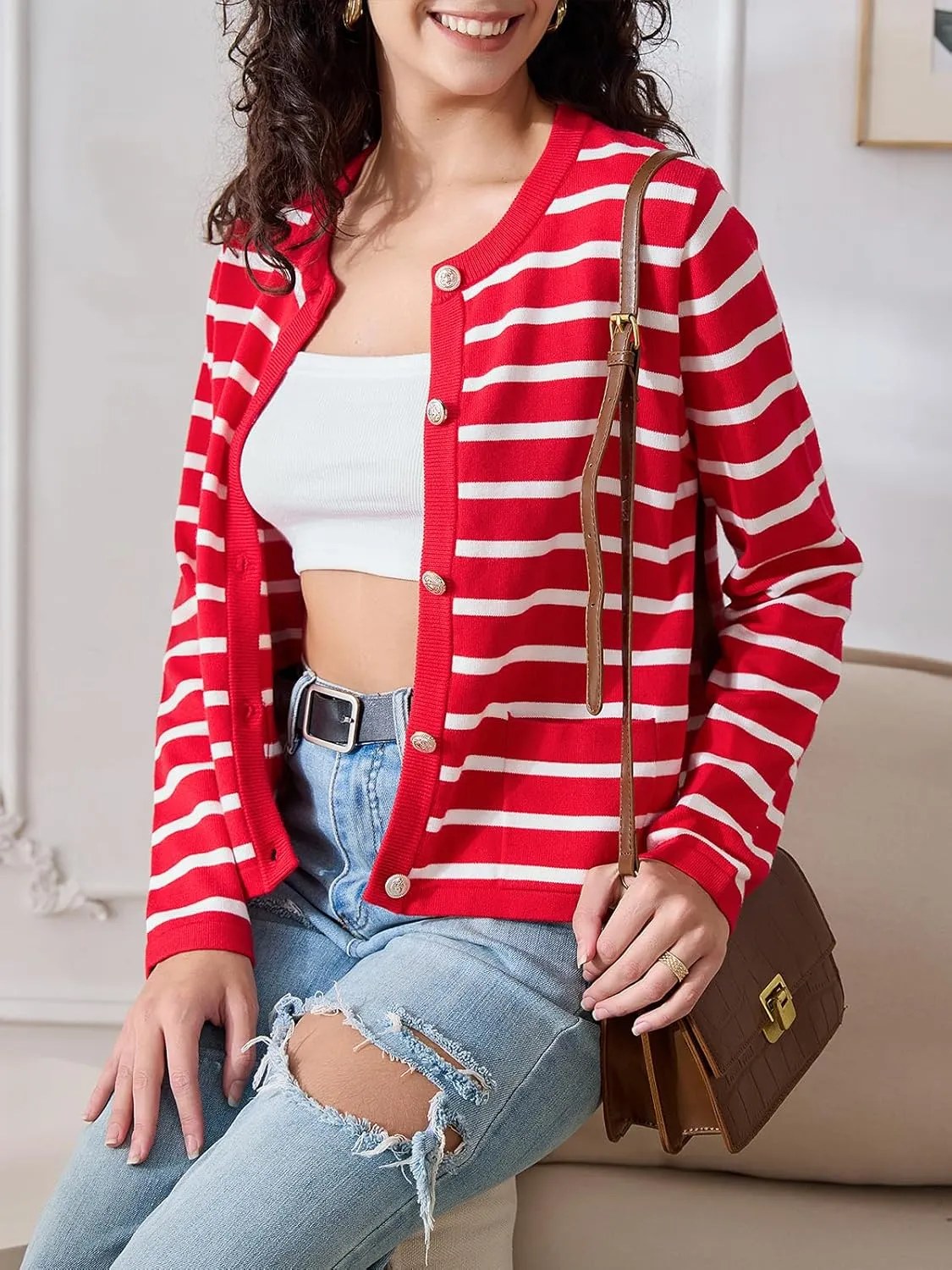 Elegant Striped Cardigan for Women, Button Down Sweaters for Women, Classic Striped Sweater Women in Soft Knit Fabric