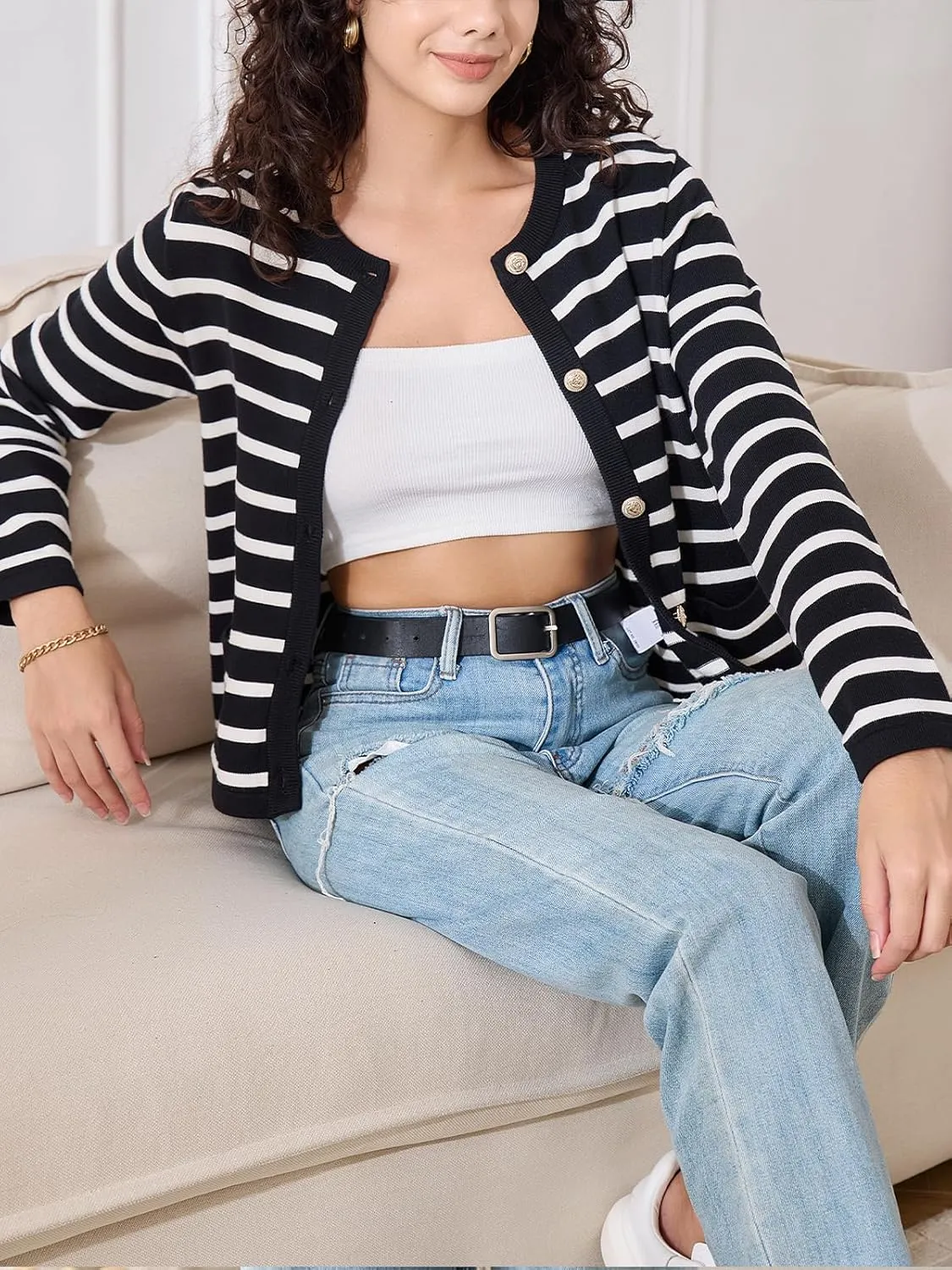 Elegant Striped Cardigan for Women, Button Down Sweaters for Women, Classic Striped Sweater Women in Soft Knit Fabric