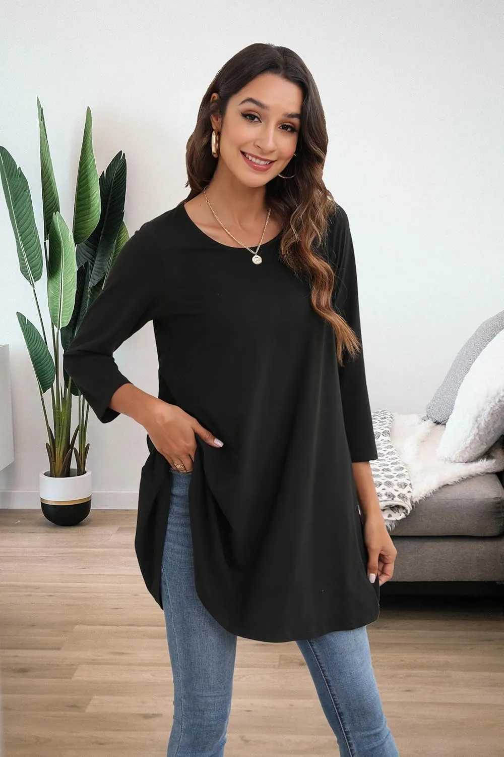 ENMAIN Women's Tops 3/4 Sleeve Dressy Casual Plus Size Tunic Tops to Wear with Leggings Swing Flare T-Shirt Loose Fit Blouses
