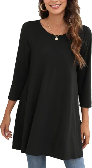 ENMAIN Women's Tops 3/4 Sleeve Dressy Casual Plus Size Tunic Tops to Wear with Leggings Swing Flare T-Shirt Loose Fit Blouses