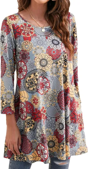ENMAIN Women's Tops 3/4 Sleeve Dressy Casual Plus Size Tunic Tops to Wear with Leggings Swing Flare T-Shirt Loose Fit Blouses