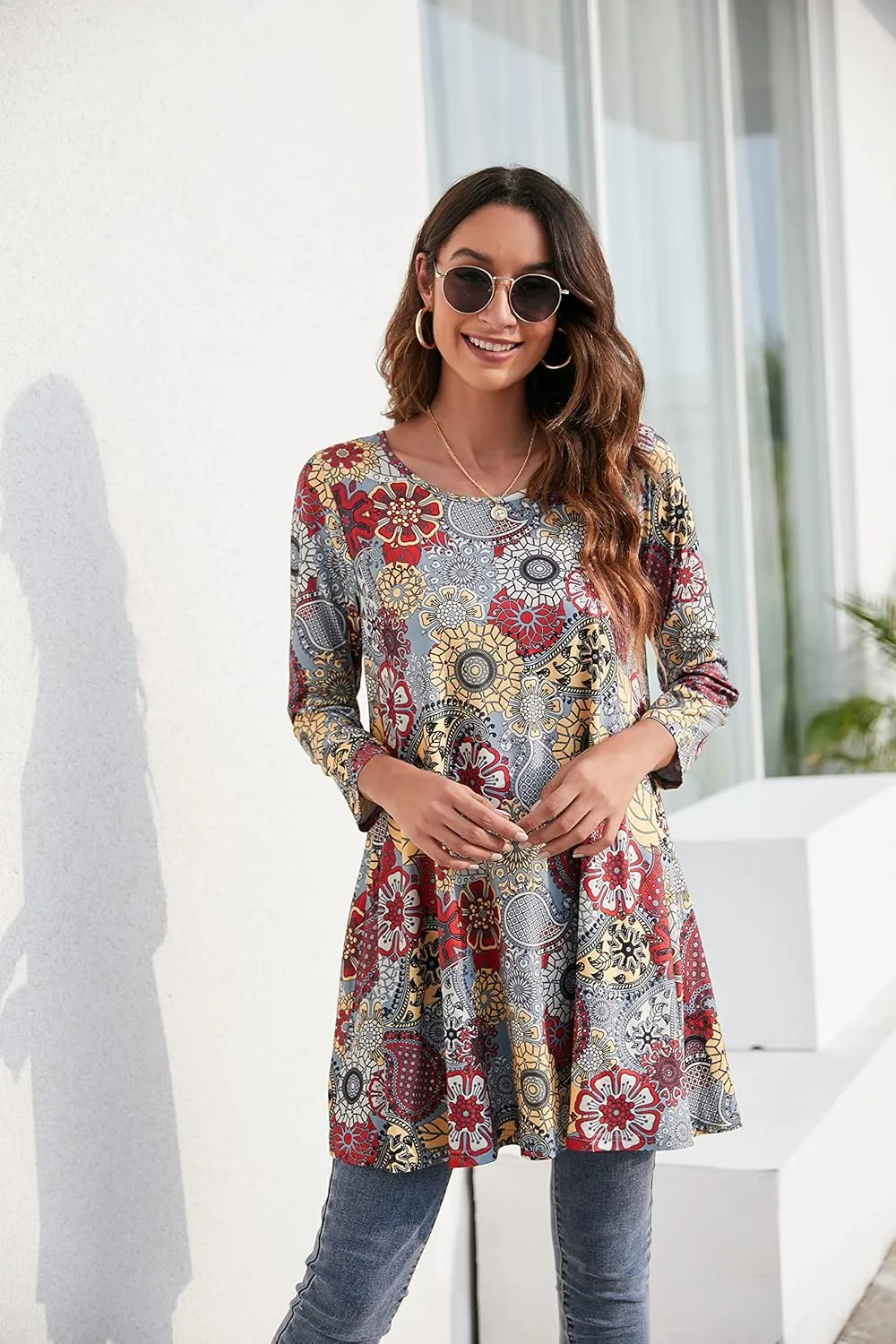ENMAIN Women's Tops 3/4 Sleeve Dressy Casual Plus Size Tunic Tops to Wear with Leggings Swing Flare T-Shirt Loose Fit Blouses