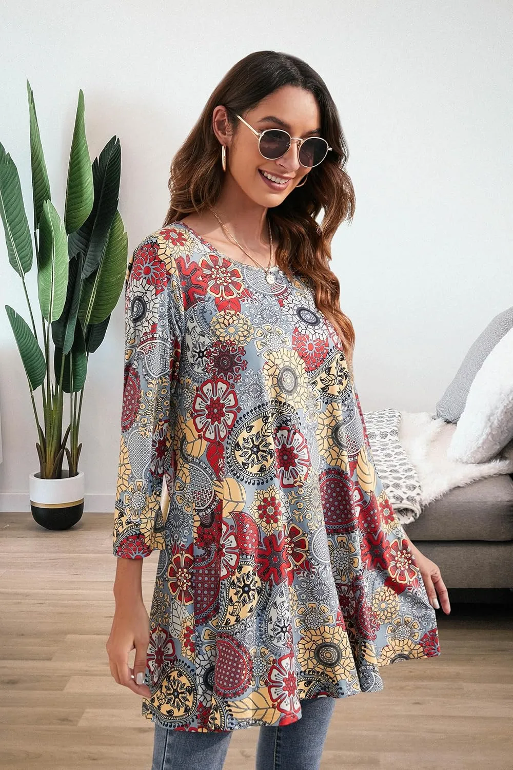 ENMAIN Women's Tops 3/4 Sleeve Dressy Casual Plus Size Tunic Tops to Wear with Leggings Swing Flare T-Shirt Loose Fit Blouses