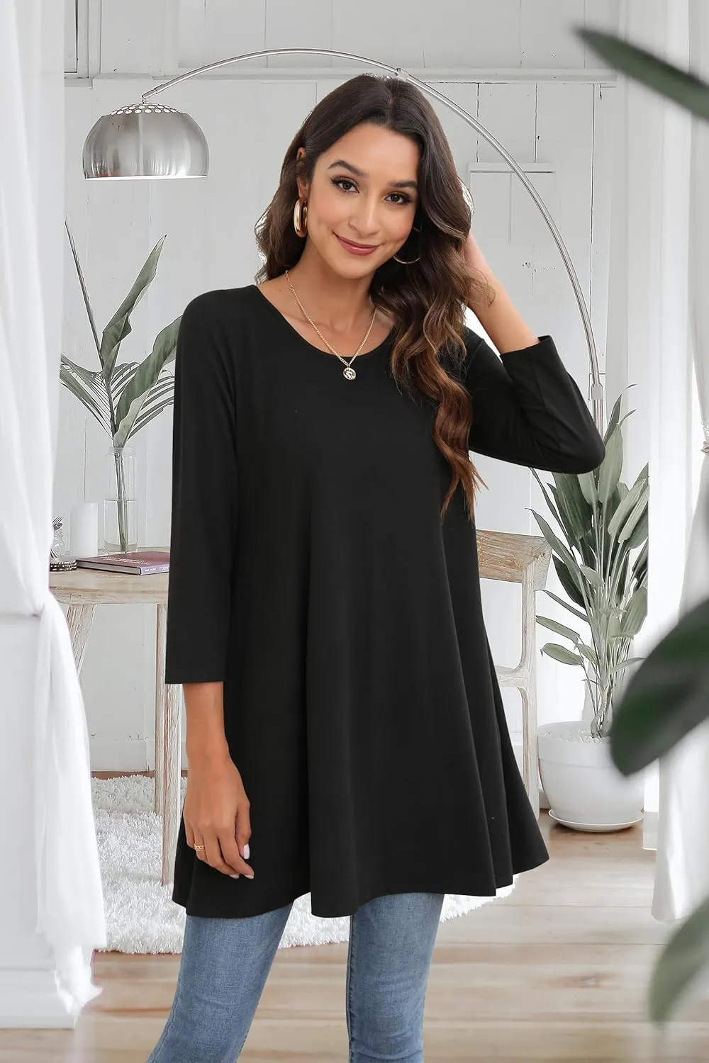 ENMAIN Women's Tops 3/4 Sleeve Dressy Casual Plus Size Tunic Tops to Wear with Leggings Swing Flare T-Shirt Loose Fit Blouses