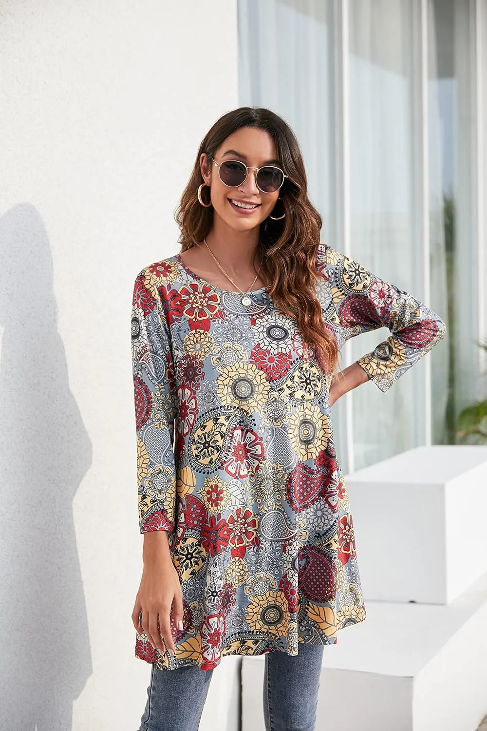 ENMAIN Women's Tops 3/4 Sleeve Dressy Casual Plus Size Tunic Tops to Wear with Leggings Swing Flare T-Shirt Loose Fit Blouses